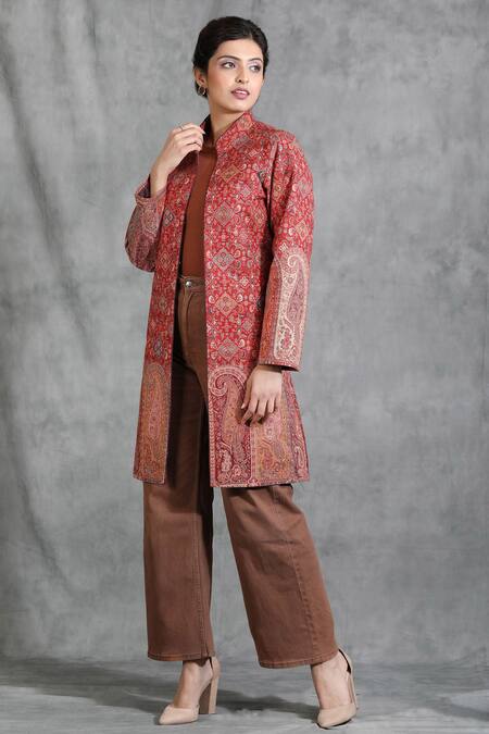 Dusala_Red Pashmina Thread Band Collar Floral Woven Jacket_Online_at_Aza_Fashions
