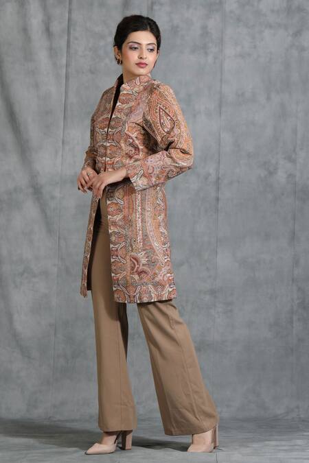 Dusala_Beige Pashmina Thread Band Collar Full Sleeves Jacket _Online_at_Aza_Fashions