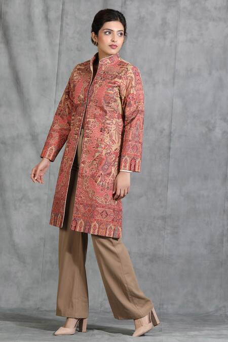 Dusala_Red Pashmina Thread Band Collar Royal Palace Long Jacket_Online_at_Aza_Fashions