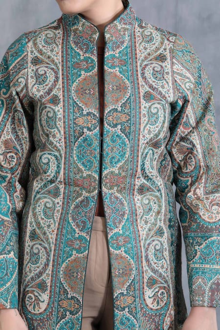 Buy Dusala Green Pashmina Thread Band Collar Paisley Pattern Long Jacket Online at Aza Fashions Buy_Dusala_Green Pashmina Thread Band Collar Paisley Pattern Long Jacket_Online_at_Aza_Fashions
