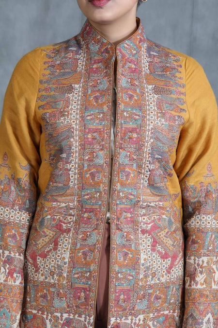 Olive Green Kashmiri Jacket With Chinar Embroidery | Angad Creations