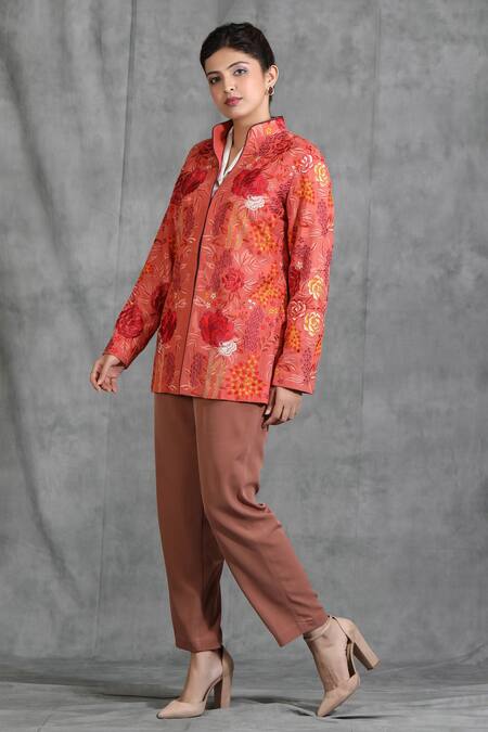 Dusala_Orange Pashmina Thread Band Collar Rose Motif Jacket_Online_at_Aza_Fashions