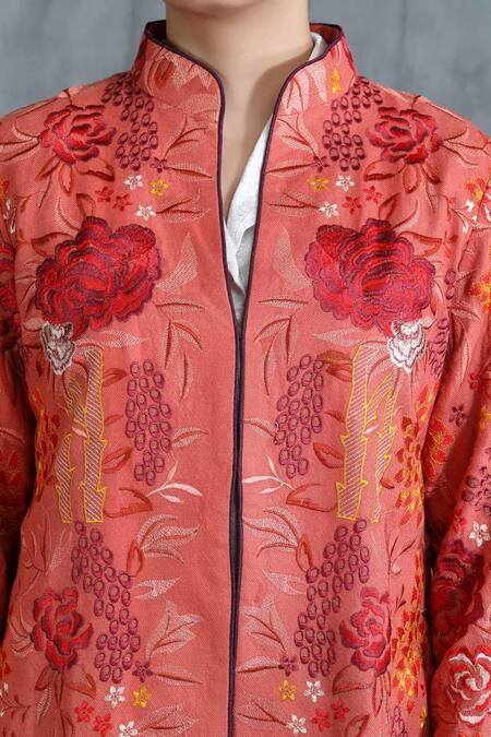 Buy_Dusala_Orange Pashmina Thread Band Collar Rose Motif Jacket_Online_at_Aza_Fashions
