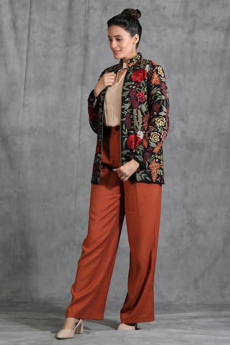 Dusala Black Pashmina Thread Band Collar Rose Pattern Jacket Online at Aza Fashions Dusala_Black Pashmina Thread Band Collar Rose Pattern Jacket _Online_at_Aza_Fashions