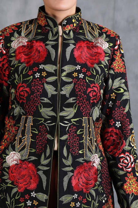 Dusala Black Pashmina Thread Band Collar Rose Pattern Jacket at Aza Fashions Dusala_Black Pashmina Thread Band Collar Rose Pattern Jacket _at_Aza_Fashions