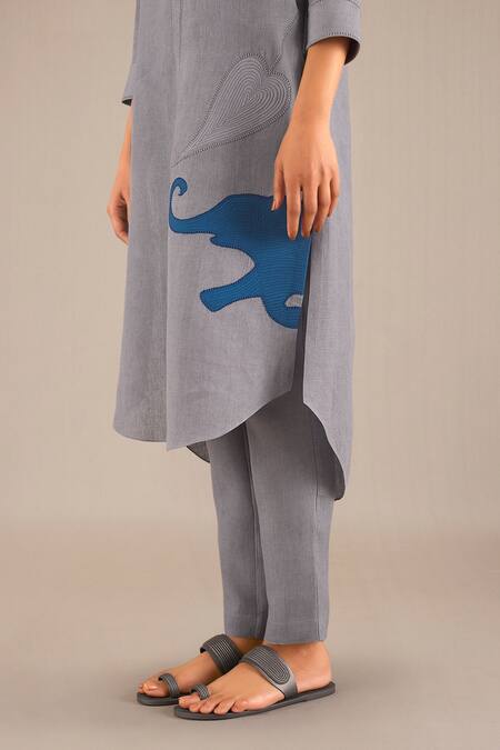 Buy_Ampm_Grey Linen Embroidery Collared Placement Kurta With Pant_Online_at_Aza_Fashions