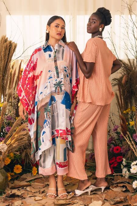 Buy_House Of Fett_Multi Color Satin City Landscape Collared Neck Oia Print Kaftan And Pant Set _Online_at_Aza_Fashions