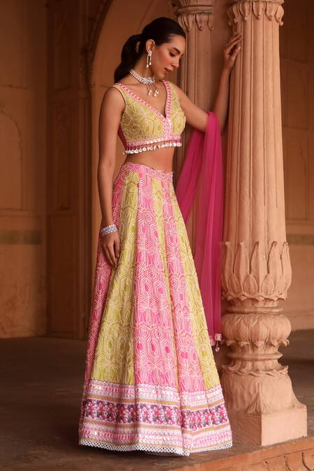 Dheeru Taneja_Green Chanderi, Net Beads, Embroidery Duha Lehenga Set _Online_at_Aza_Fashions