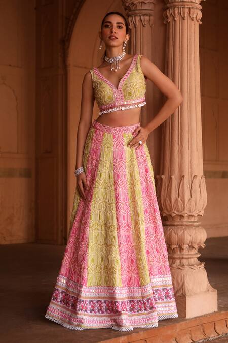 Shop Dheeru Taneja Green Chanderi, Net Beads, Embroidery Duha Lehenga Set Online at Aza Fashions Shop_Dheeru Taneja_Green Chanderi, Net Beads, Embroidery Duha Lehenga Set _Online_at_Aza_Fashions