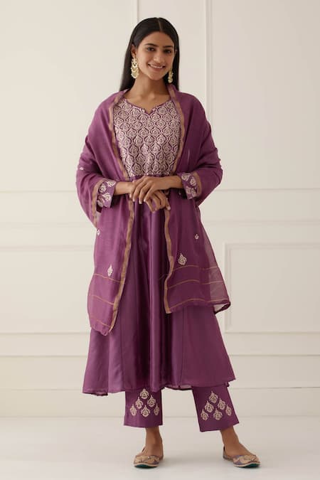 Kamaltaas Purple Chanderi Silk, Lining Mulmul Pittan Paisley Embroidered Anarkali Set Online at Aza Fashions Kamaltaas_Purple Chanderi Silk, Lining Mulmul Pittan Paisley Embroidered Anarkali Set _Online_at_Aza_Fashions