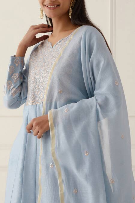 Kamaltaas Blue Chanderi Silk, Lining Mulmul Pittan Work Yoke Embroidered Anarkali Set Online at Aza Fashions Kamaltaas_Blue Chanderi Silk, Lining Mulmul Pittan Work Yoke Embroidered Anarkali Set _Online_at_Aza_Fashions