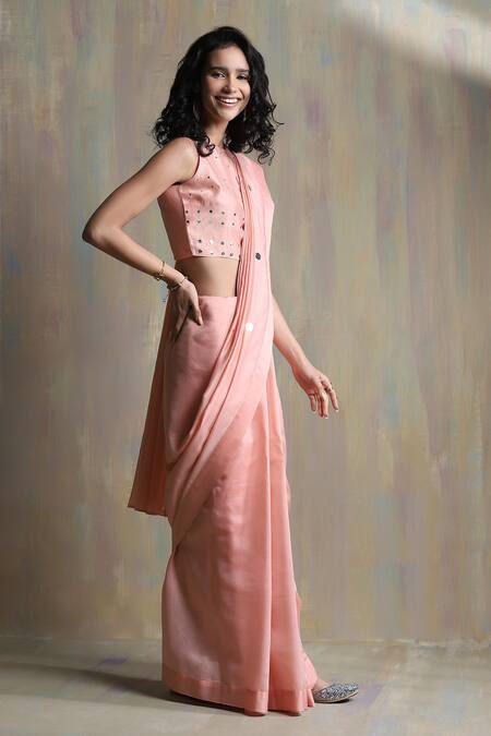 Charkhee_Peach Saree Chanderi Embellished Mirror Work Round Pre-stitched With Blouse_Online_at_Aza_Fashions