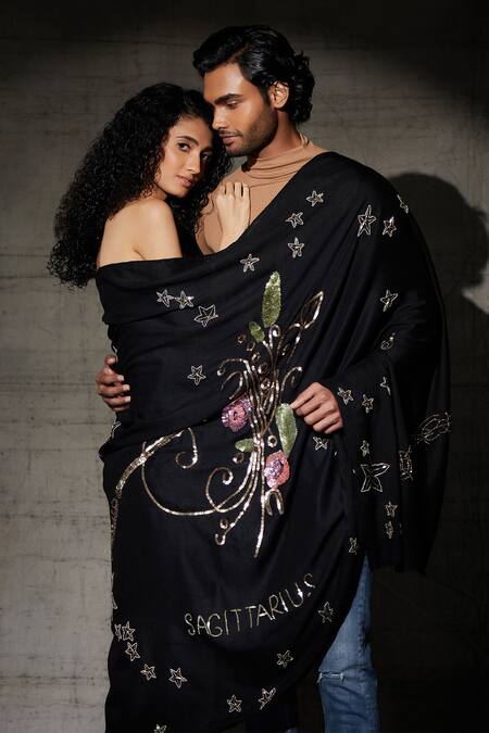 Dusala_Black Sagittarius Sequin Pipe And Thread Work Shawl_Online_at_Aza_Fashions