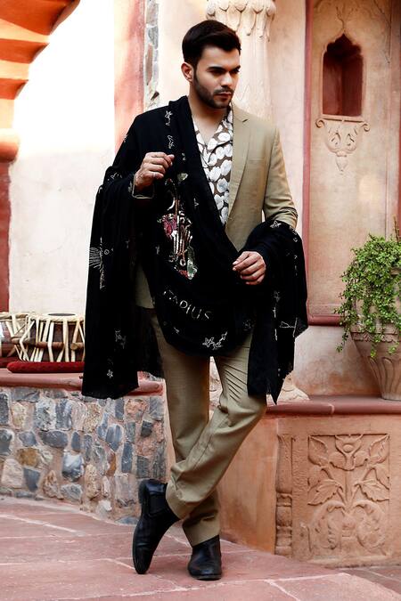 Dusala_Black Sagittarius Sequin Pipe And Thread Work Shawl_at_Aza_Fashions