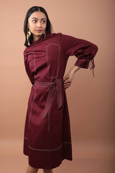 Veera Wear_Maroon Cotton Round Neck Dandies Solid Dress _Online_at_Aza_Fashions