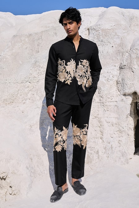 Dash And Dot_Black Polyester, Viscose, Spandex Embroidery Gara Stitch Shirt_Online_at_Aza_Fashions