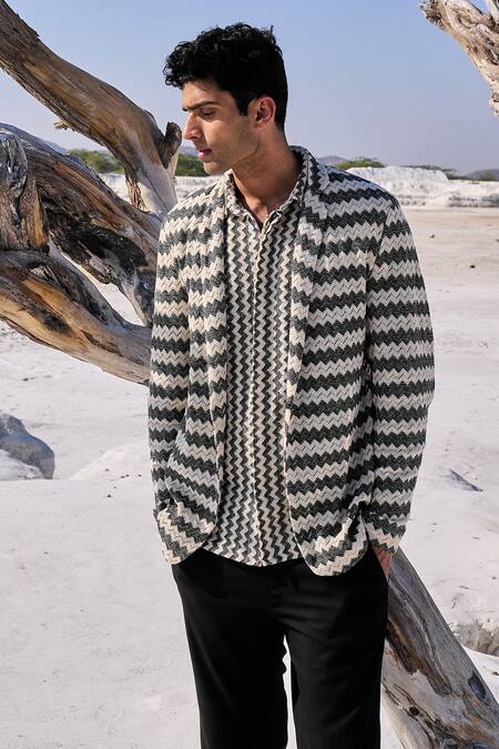 Shop Dash And Dot Beige Cotton Chevron Blazer Online at Aza Fashions Shop_Dash And Dot_Beige Cotton Chevron Blazer_Online_at_Aza_Fashions