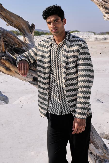 Dash And Dot Beige Cotton Chevron Blazer at Aza Fashions Dash And Dot_Beige Cotton Chevron Blazer_at_Aza_Fashions