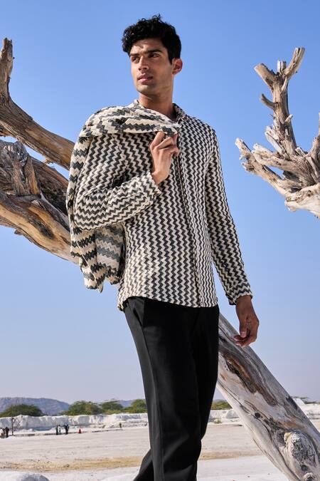 Buy_Dash and Dot_Beige Cotton Chevron Shirt And Blazer Set _Online_at_Aza_Fashions
