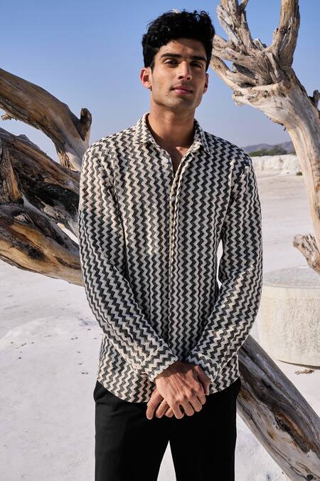 Shop_Dash And Dot_Beige Cotton Chevron Pattern Shirt_Online_at_Aza_Fashions