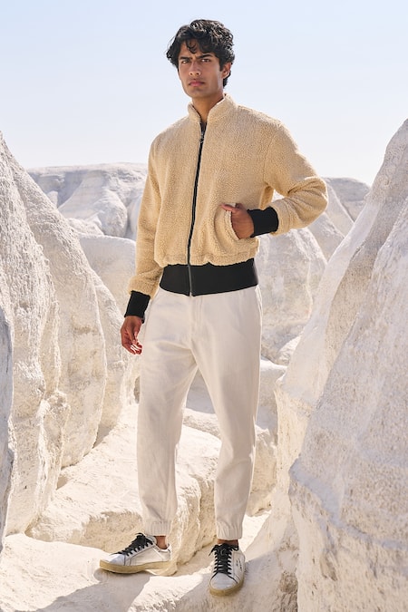 Buy_Dash And Dot_Beige Polyester Sherpa Bomber Jacket_Online_at_Aza_Fashions