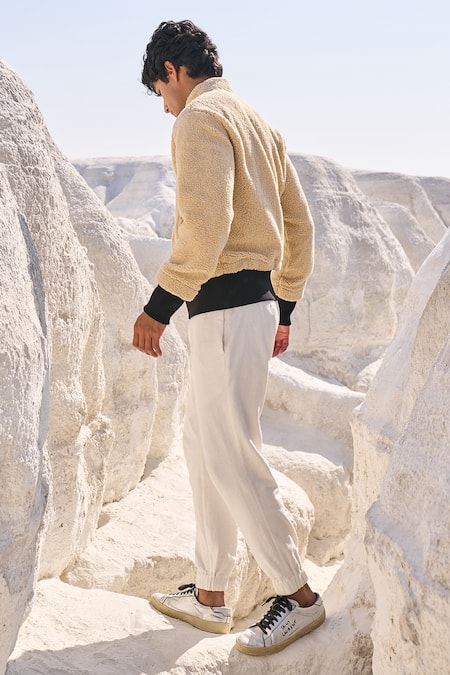 Shop_Dash And Dot_Beige Polyester Sherpa Bomber Jacket_Online_at_Aza_Fashions