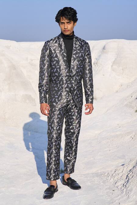 Dash and Dot_Grey Polyester Dragonfly Pattern Blazer _Online_at_Aza_Fashions