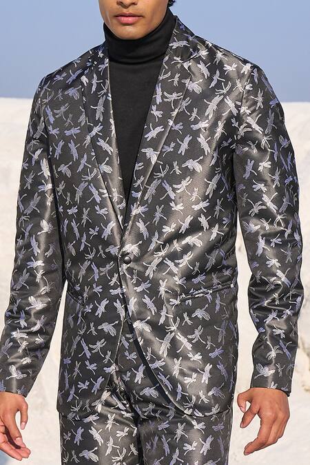 Buy_Dash and Dot_Grey Polyester Dragonfly Pattern Blazer _Online_at_Aza_Fashions