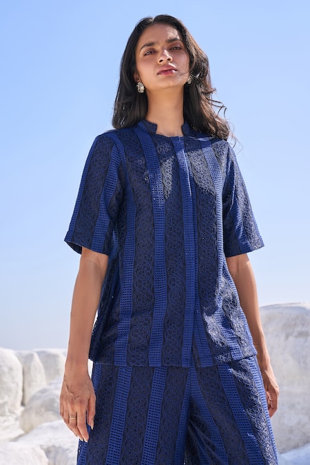 Buy Dash And Dot Blue Polyester Lace, Embroidery Pattern Pant Set Online at Aza Fashions Buy_Dash And Dot_Blue Polyester Lace, Embroidery Pattern Pant Set _Online_at_Aza_Fashions