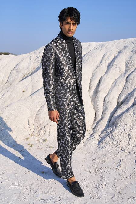 Shop_Dash and Dot_Grey Polyester Dragonfly Pattern Blazer _Online_at_Aza_Fashions