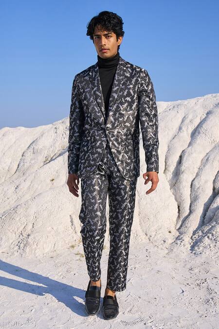 Shop Dash And Dot Grey Polyester Embroidery Dragonfly Pattern Suit Set Online at Aza Fashions Shop_Dash And Dot_Grey Polyester Embroidery Dragonfly Pattern Suit Set_Online_at_Aza_Fashions