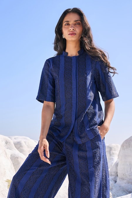 Shop Dash And Dot Blue Polyester Lace, Embroidery Pattern Pant Set Online at Aza Fashions Shop_Dash And Dot_Blue Polyester Lace, Embroidery Pattern Pant Set _Online_at_Aza_Fashions