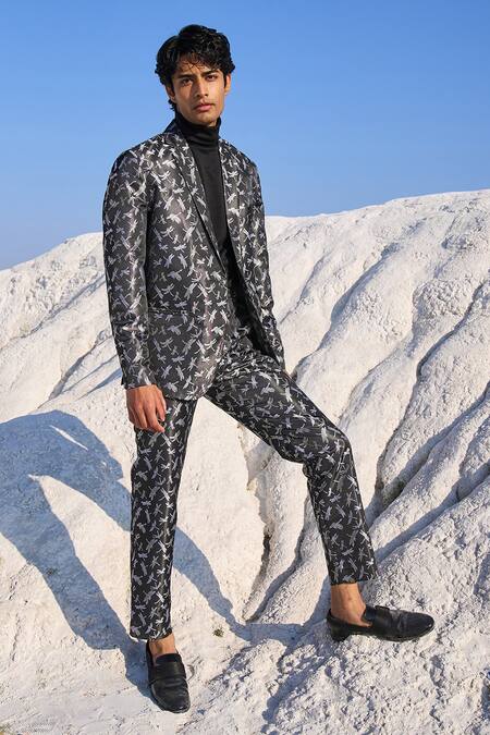 Dash And Dot Grey Polyester Embroidery Dragonfly Pattern Suit Set at Aza Fashions Dash And Dot_Grey Polyester Embroidery Dragonfly Pattern Suit Set_at_Aza_Fashions