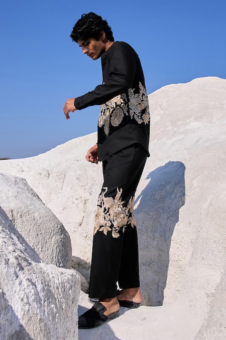 Buy_Dash And Dot_Black Polyester, Viscose, Spandex Embroidery Gara Stitch Shirt_Online_at_Aza_Fashions