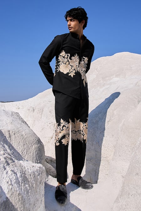 Shop_Dash And Dot_Black Polyester, Viscose, Spandex Embroidery Gara Stitch Shirt_Online_at_Aza_Fashions