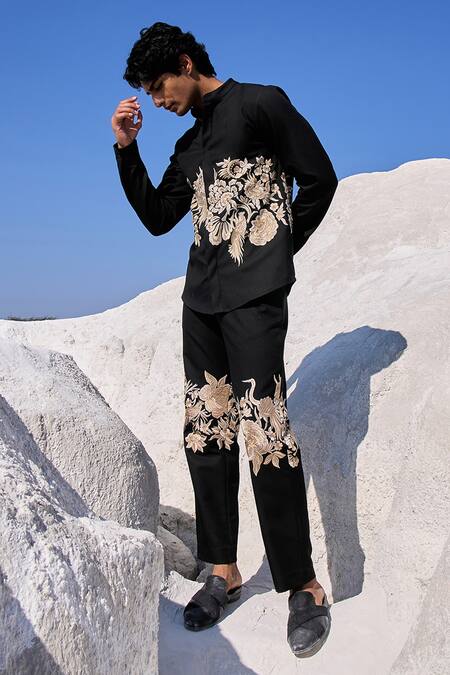 Dash And Dot Black Polyester, Viscose, Spandex Embroidery Gara Stitch Shirt And Pant Set Online at Aza Fashions Dash And Dot_Black Polyester, Viscose, Spandex Embroidery Gara Stitch Shirt And Pant Set_Online_at_Aza_Fashions