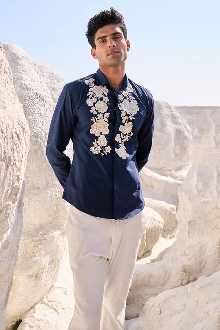 Dash And Dot Blue Cotton Embroidery Floral Shirt Online at Aza Fashions Dash And Dot_Blue Cotton Embroidery Floral Shirt_Online_at_Aza_Fashions