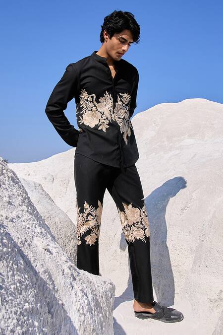Buy Dash And Dot Black Polyester, Viscose, Spandex Embroidery Gara Stitch Shirt And Pant Set Online at Aza Fashions Buy_Dash And Dot_Black Polyester, Viscose, Spandex Embroidery Gara Stitch Shirt And Pant Set_Online_at_Aza_Fashions