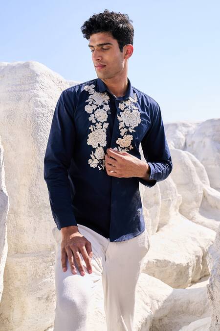 Buy Dash And Dot Blue Cotton Embroidery Floral Shirt Online at Aza Fashions Buy_Dash And Dot_Blue Cotton Embroidery Floral Shirt_Online_at_Aza_Fashions