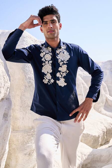 Shop Dash And Dot Blue Cotton Embroidery Floral Shirt Online at Aza Fashions Shop_Dash And Dot_Blue Cotton Embroidery Floral Shirt_Online_at_Aza_Fashions