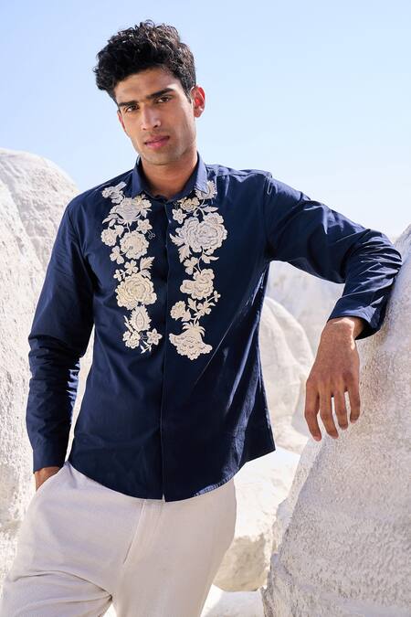 Dash And Dot Blue Cotton Embroidery Floral Shirt at Aza Fashions Dash And Dot_Blue Cotton Embroidery Floral Shirt_at_Aza_Fashions