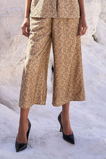 Buy_Dash And Dot_Beige Polyester Lace Mandarin Collar Top And Pant Set _Online_at_Aza_Fashions