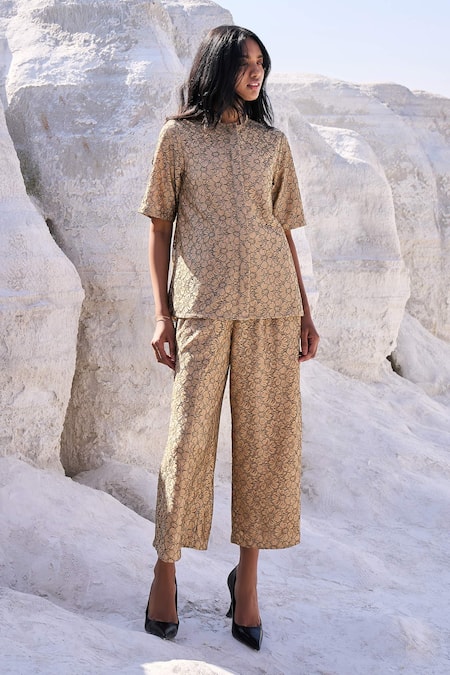 Shop_Dash And Dot_Beige Polyester Lace Mandarin Collar Top And Pant Set _Online_at_Aza_Fashions