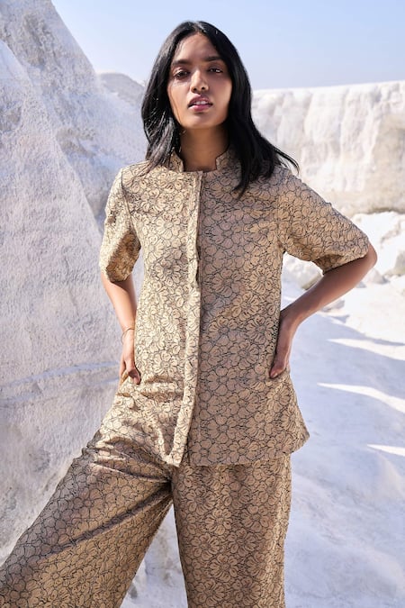 Dash And Dot_Beige Polyester Lace Mandarin Collar Top And Pant Set _at_Aza_Fashions