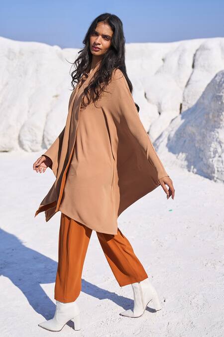 Dash And Dot_Beige Polyester Collared Camel Cape Style Top And Carrot Pant Set _Online_at_Aza_Fashions