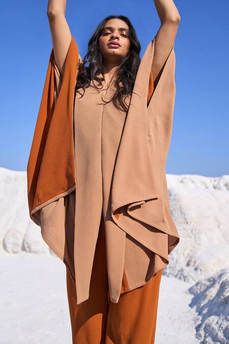 Buy_Dash And Dot_Beige Polyester Collared Camel Cape Style Top And Carrot Pant Set _Online_at_Aza_Fashions