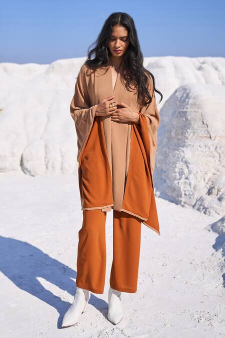 Shop_Dash And Dot_Beige Polyester Collared Camel Cape Style Top And Carrot Pant Set _Online_at_Aza_Fashions