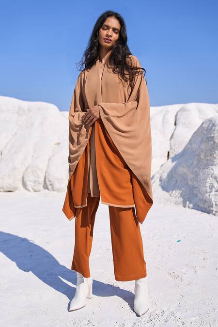 Dash And Dot_Beige Polyester Collared Camel Cape Style Top And Carrot Pant Set _at_Aza_Fashions