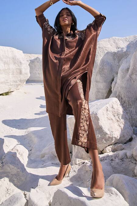 Buy Dash And Dot Brown Tencel Embroidery Shawl Neck Floral Longline Tunic Set Online at Aza Fashions Buy_Dash And Dot_Brown Tencel Embroidery Shawl Neck Floral Longline Tunic Set _Online_at_Aza_Fashions