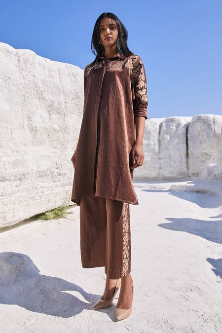 Shop Dash And Dot Brown Tencel Embroidery Shawl Neck Floral Longline Tunic Set Online at Aza Fashions Shop_Dash And Dot_Brown Tencel Embroidery Shawl Neck Floral Longline Tunic Set _Online_at_Aza_Fashions